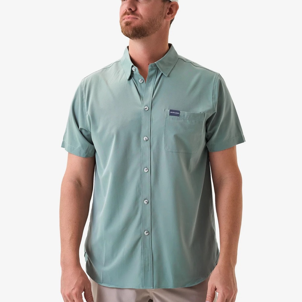 Burlebo Performance Button Up Shirt Mens Small Sage S/S Pocket Outdoor Stretch